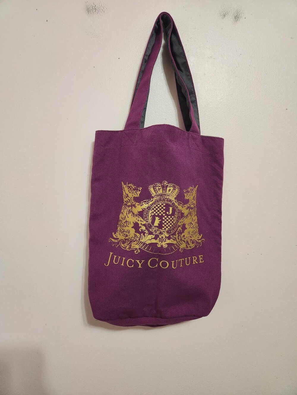 Juicy Couture Y2K Reversible Purple Grey Scottie Dog Crest Canvas Tote Bag Purse